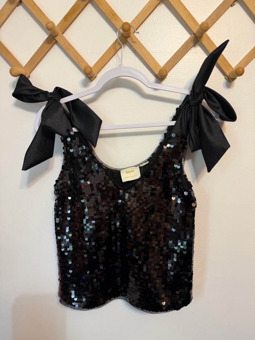 Maeve Anthropologie NWT Sequined Tie-Strap Tank Bows Black Going Out Party XS